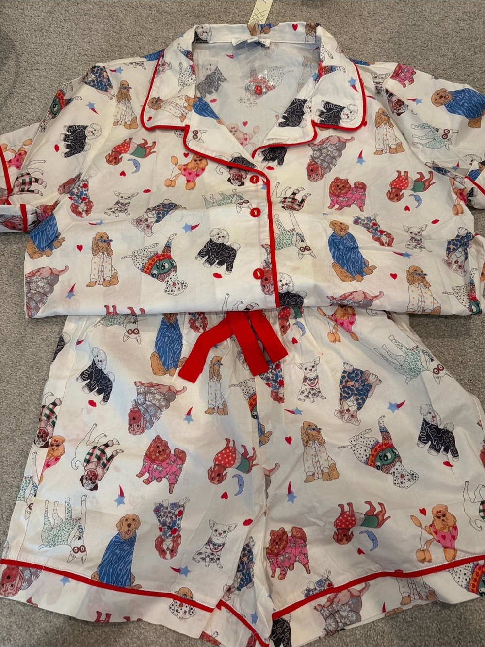 NWT- Ladies Dog Print Pajama Set with Red Trim - L